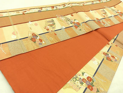 平和屋着物◎六通柄袋帯 唐織 地紙花蝶文 金糸 正絹 逸品 BAAK8799cm