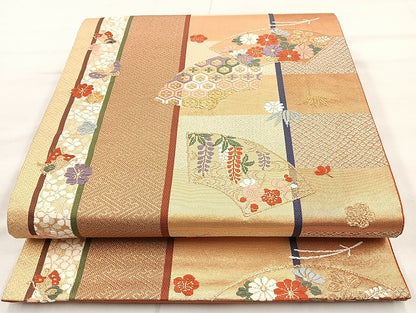 平和屋着物◎六通柄袋帯 唐織 地紙花蝶文 金糸 正絹 逸品 BAAK8799cm