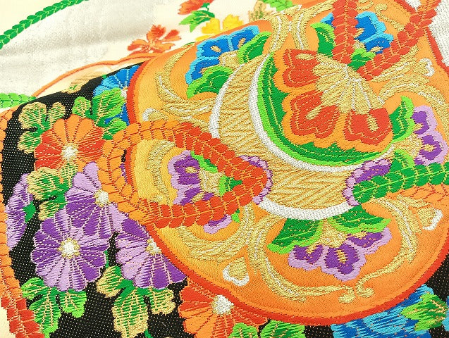平和屋着物◎六通柄袋帯 唐織 鏡裏文様 金銀糸 正絹 逸品 BAAL0128cm