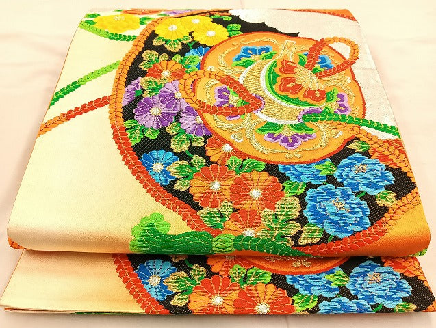 平和屋着物◎六通柄袋帯 唐織 鏡裏文様 金銀糸 正絹 逸品 BAAL0128cm