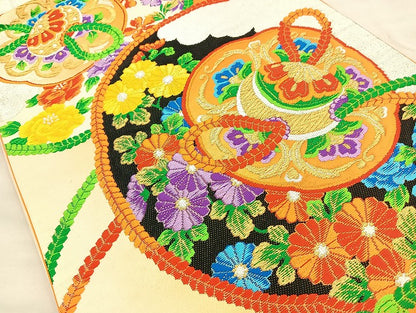 平和屋着物◎六通柄袋帯 唐織 鏡裏文様 金銀糸 正絹 逸品 BAAL0128cm