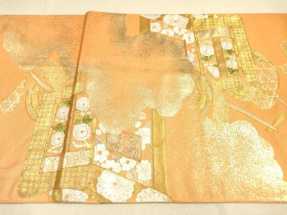 平和屋着物●六通太鼓柄袋帯 駒刺繍 御所車花文 金銀糸 正絹 逸品 DAAJ6183fe