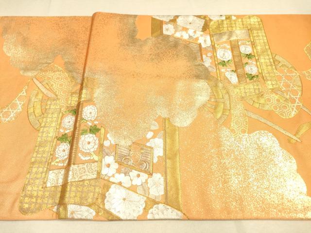 平和屋着物●六通太鼓柄袋帯 駒刺繍 御所車花文 金銀糸 正絹 逸品 DAAJ6183fe
