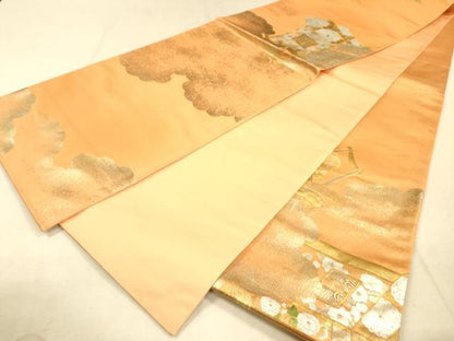 平和屋着物●六通太鼓柄袋帯 駒刺繍 御所車花文 金銀糸 正絹 逸品 DAAJ6183fe