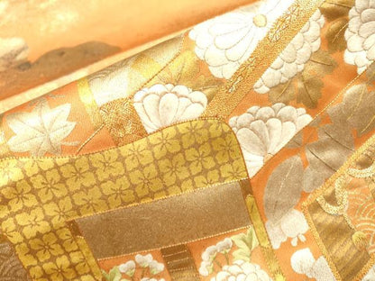 平和屋着物●六通太鼓柄袋帯 駒刺繍 御所車花文 金銀糸 正絹 逸品 DAAJ6183fe