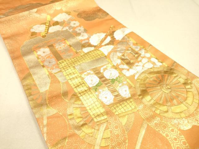 平和屋着物●六通太鼓柄袋帯 駒刺繍 御所車花文 金銀糸 正絹 逸品 DAAJ6183fe