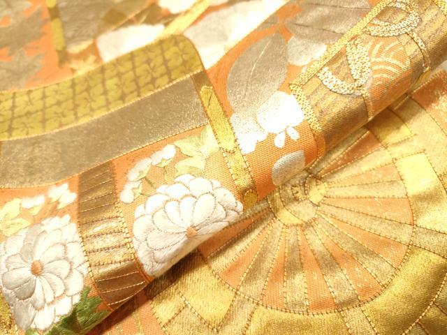 平和屋着物●六通太鼓柄袋帯 駒刺繍 御所車花文 金銀糸 正絹 逸品 DAAJ6183fe