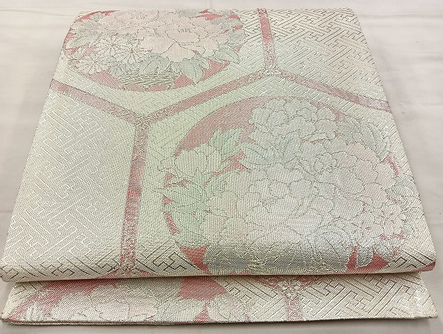 平和屋着物◎佐賀錦 六通柄袋帯 亀甲牡丹丸文 銀糸 正絹 逸品 BAAK5792if