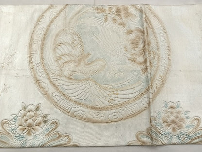 平和屋着物◎太鼓柄袋帯 ふくれ織り 唐箔おり 鳳凰花絵皿 引箔 正絹 逸品 BAAK5794if