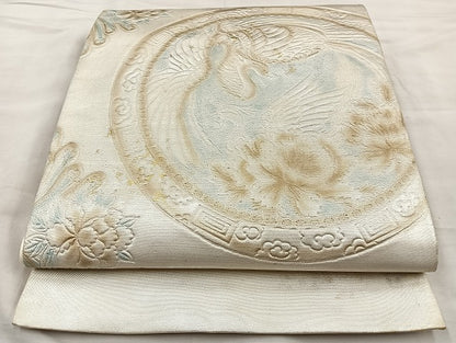 平和屋着物◎太鼓柄袋帯 ふくれ織り 唐箔おり 鳳凰花絵皿 引箔 正絹 逸品 BAAK5794if