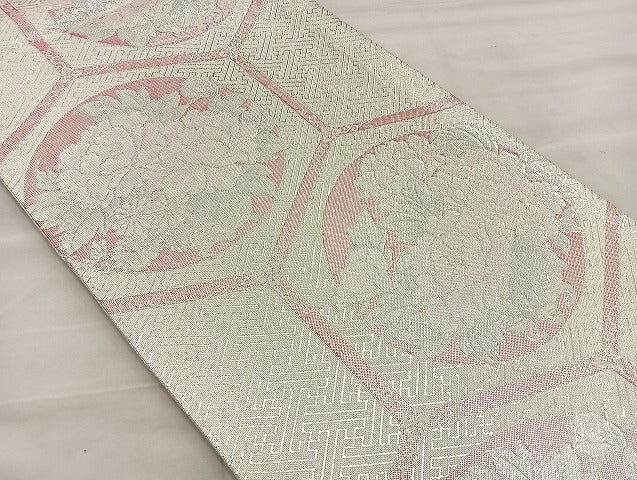 平和屋着物◎佐賀錦 六通柄袋帯 亀甲牡丹丸文 銀糸 正絹 逸品 BAAK5792if