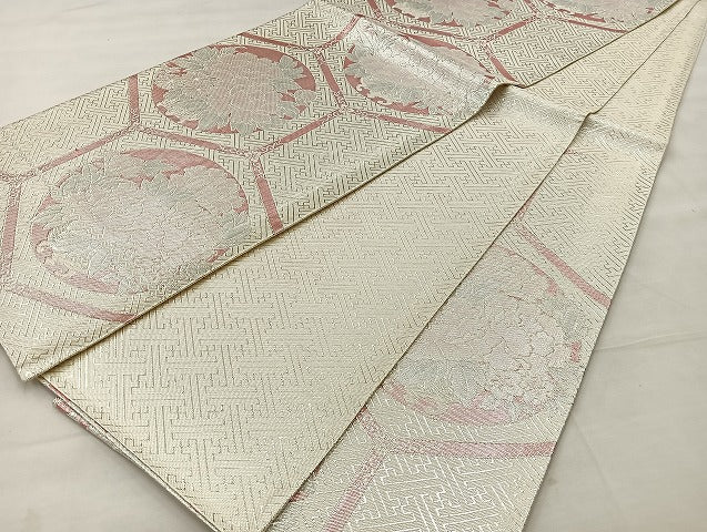平和屋着物◎佐賀錦 六通柄袋帯 亀甲牡丹丸文 銀糸 正絹 逸品 BAAK5792if