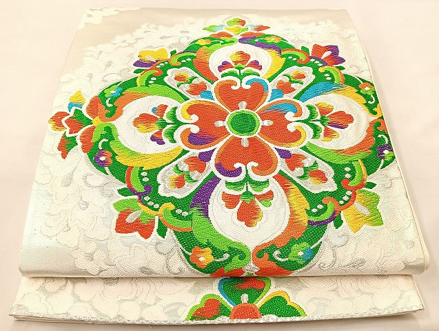 平和屋着物◎六通柄袋帯 唐織 花菱唐草文 銀糸 正絹 逸品 BAAL1213if