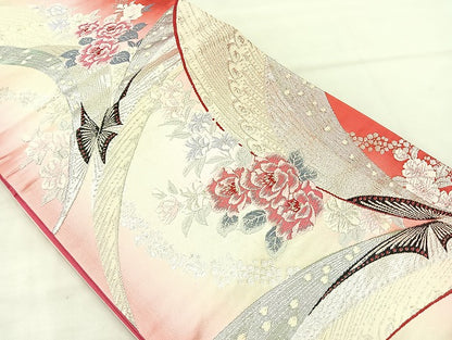 平和屋着物◎六通柄袋帯 唐織 花蝶文 銀糸 正絹 逸品 BAAL3137if