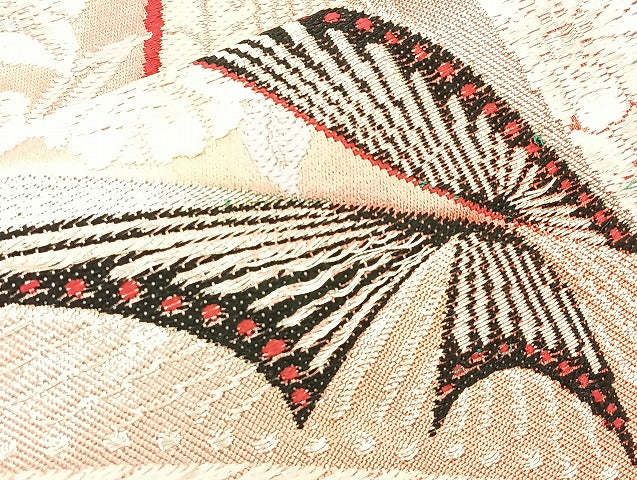 平和屋着物◎六通柄袋帯 唐織 花蝶文 銀糸 正絹 逸品 BAAL3137if