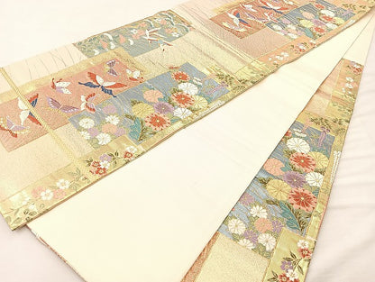 平和屋着物◎西陣 六通柄袋帯 唐織 短冊飛鶴花蝶文 金糸 正絹 逸品 BAAL3157if
