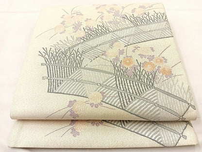 平和屋着物◎太鼓柄袋帯 秋草文 銀糸 正絹 逸品 BAAL3164if