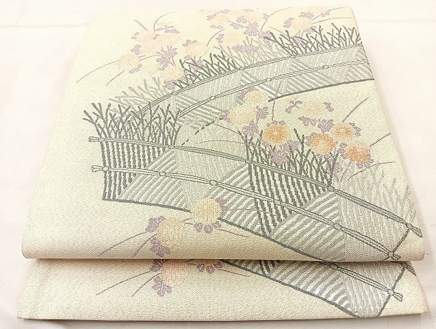 平和屋着物◎太鼓柄袋帯 秋草文 銀糸 正絹 逸品 BAAL3164if