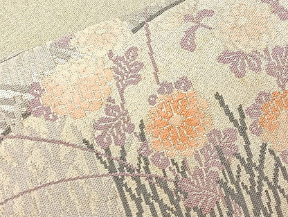平和屋着物◎太鼓柄袋帯 秋草文 銀糸 正絹 逸品 BAAL3164if