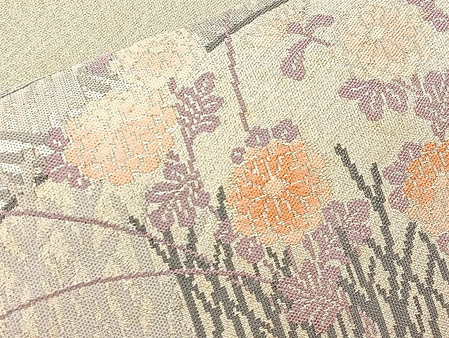 平和屋着物◎太鼓柄袋帯 秋草文 銀糸 正絹 逸品 BAAL3164if