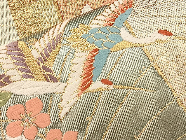 平和屋着物◎西陣 六通柄袋帯 唐織 短冊飛鶴花蝶文 金糸 正絹 逸品 BAAL3157if