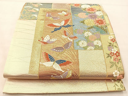 平和屋着物◎西陣 六通柄袋帯 唐織 短冊飛鶴花蝶文 金糸 正絹 逸品 BAAL3157if