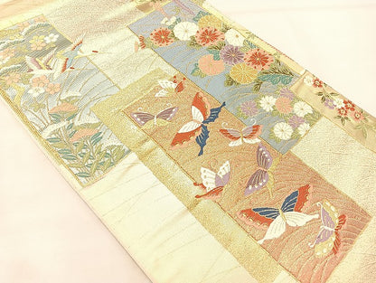 平和屋着物◎西陣 六通柄袋帯 唐織 短冊飛鶴花蝶文 金糸 正絹 逸品 BAAL3157if