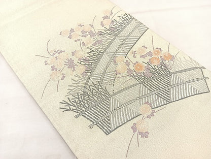 平和屋着物◎太鼓柄袋帯 秋草文 銀糸 正絹 逸品 BAAL3164if