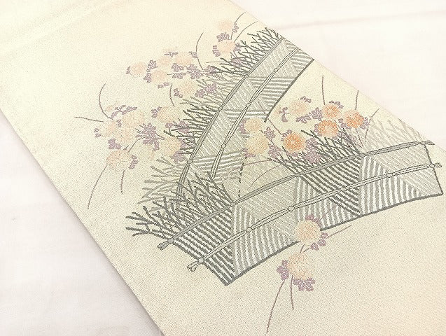 平和屋着物◎太鼓柄袋帯 秋草文 銀糸 正絹 逸品 BAAL3164if