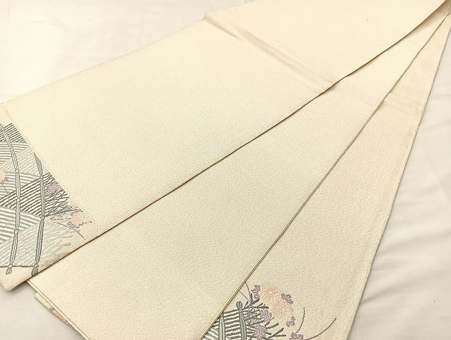 平和屋着物◎太鼓柄袋帯 秋草文 銀糸 正絹 逸品 BAAL3164if