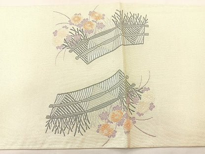 平和屋着物◎太鼓柄袋帯 秋草文 銀糸 正絹 逸品 BAAL3164if