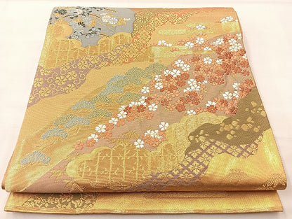 平和屋着物◎六通柄袋帯 ヱ霞遠山花文 金糸 正絹 逸品 BAAL3195if