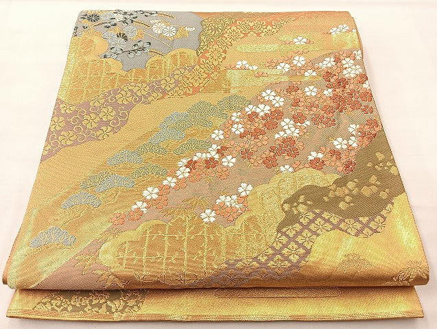平和屋着物◎六通柄袋帯 ヱ霞遠山花文 金糸 正絹 逸品 BAAL3195if
