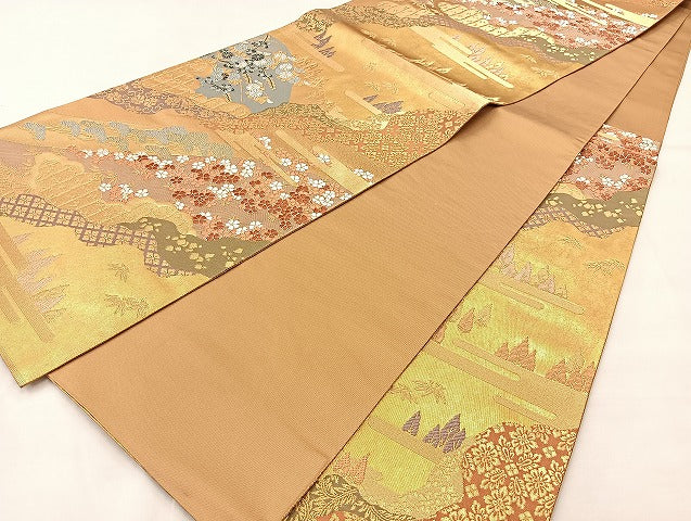 平和屋着物◎六通柄袋帯 ヱ霞遠山花文 金糸 正絹 逸品 BAAL3195if
