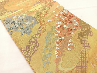 平和屋着物◎六通柄袋帯 ヱ霞遠山花文 金糸 正絹 逸品 BAAL3195if