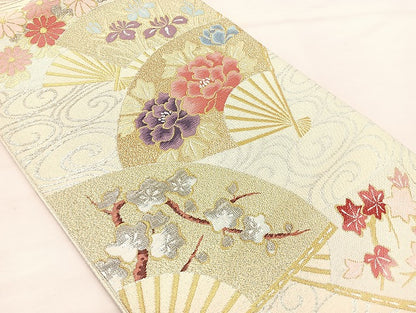平和屋着物◎太鼓柄袋帯 明綴 花扇面流し プラチナ箔 正絹 逸品 BAAL4107if