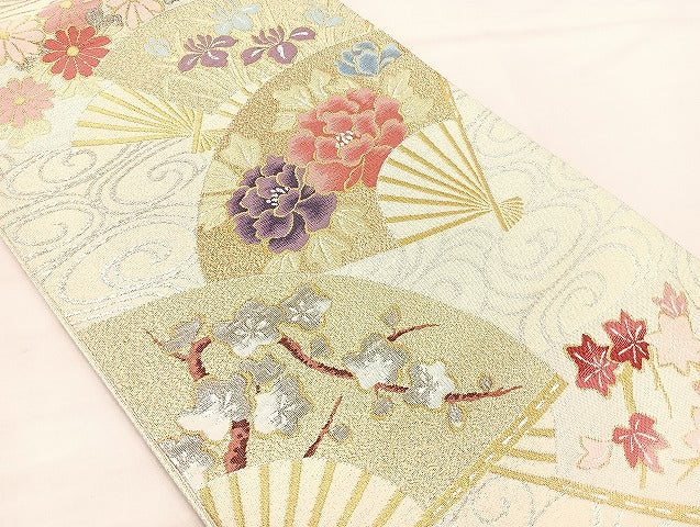 平和屋着物◎太鼓柄袋帯 明綴 花扇面流し プラチナ箔 正絹 逸品 BAAL4107if