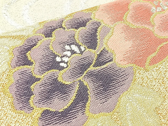 平和屋着物◎太鼓柄袋帯 明綴 花扇面流し プラチナ箔 正絹 逸品 BAAL4107if