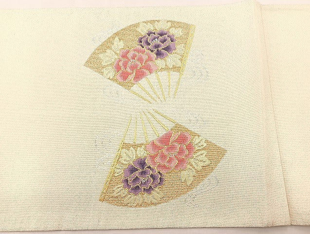平和屋着物◎太鼓柄袋帯 明綴 花扇面流し プラチナ箔 正絹 逸品 BAAL4107if