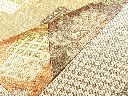 平和屋着物◎太鼓柄袋帯 切嵌 色紙名物裂 金糸 正絹 逸品 BAAL4127if