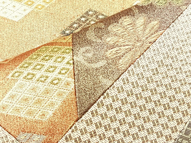 平和屋着物◎太鼓柄袋帯 切嵌 色紙名物裂 金糸 正絹 逸品 BAAL4127if