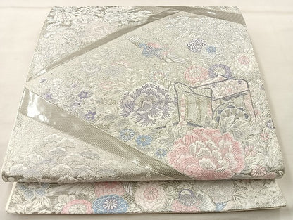 平和屋着物◎六通柄袋帯 唐織 御所車花鳥文 九百錦 プラチナ箔 正絹 逸品 BAAL4124if