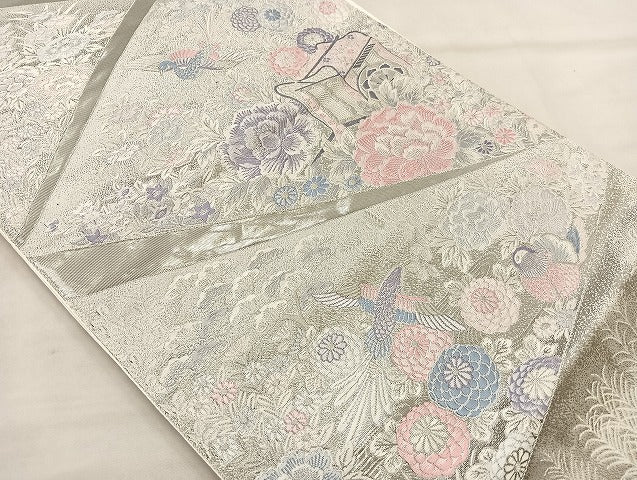 平和屋着物◎六通柄袋帯 唐織 御所車花鳥文 九百錦 プラチナ箔 正絹 逸品 BAAL4124if