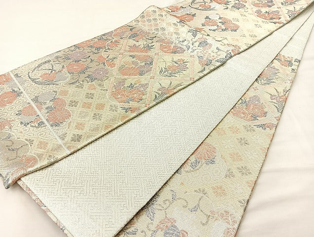 平和屋着物◎新佐賀錦 六通柄袋帯 雲取り吉祥花文 銀糸 正絹 逸品 BAAL4139if
