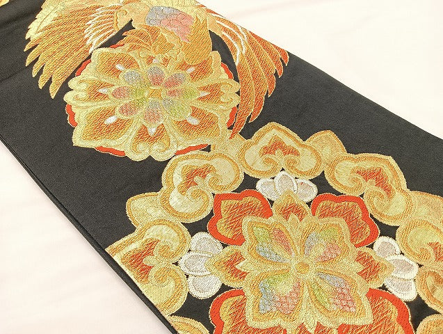 平和屋着物◎六通柄袋帯 鳳凰正倉院花文 黒地 金銀糸 正絹 逸品 BAAL4131if