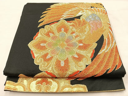 平和屋着物◎六通柄袋帯 鳳凰正倉院花文 黒地 金銀糸 正絹 逸品 BAAL4131if