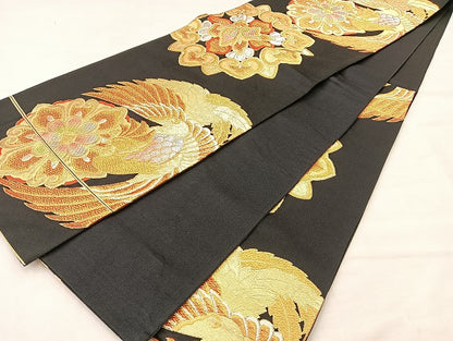 平和屋着物◎六通柄袋帯 鳳凰正倉院花文 黒地 金銀糸 正絹 逸品 BAAL4131if