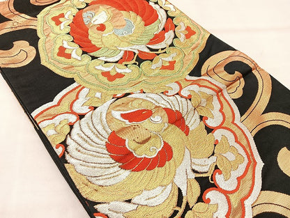 平和屋着物◎六通柄袋帯 唐織 鳳凰唐草文様 黒地 金銀糸 正絹 逸品 BAAL4158if