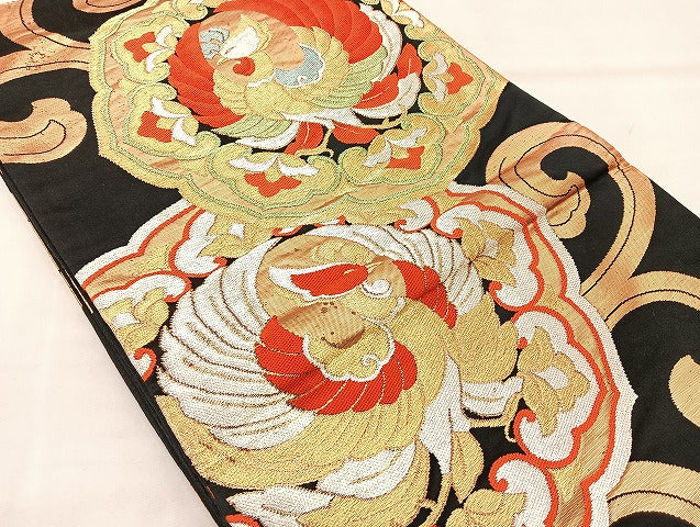 平和屋着物◎六通柄袋帯 唐織 鳳凰唐草文様 黒地 金銀糸 正絹 逸品 BAAL4158if