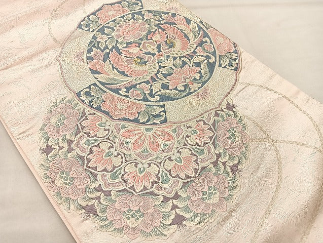 平和屋着物◎太鼓柄袋帯 唐織 鳳凰花絵皿 金銀糸 正絹 逸品 BAAL4159if